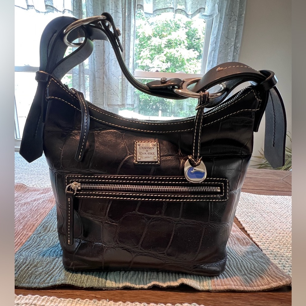 Dooney and Bourke Black Croc Embossed Leather Shoulder Bag
